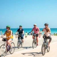 Gruppo di turisti in bici con casco.